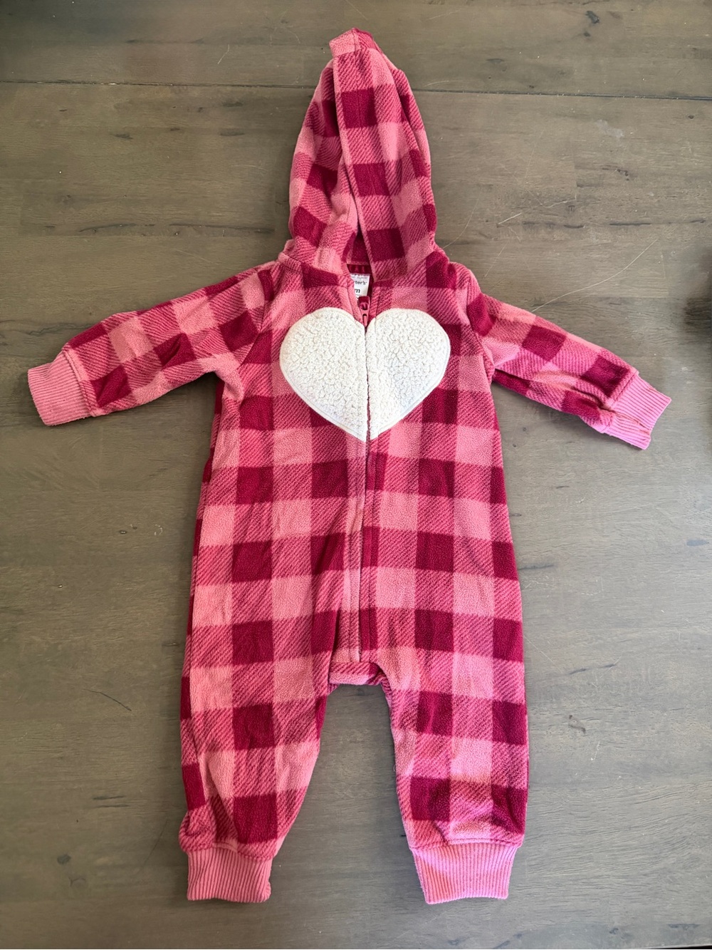 Carters Baby Pink Plaid Hooded Fleece One-Piece with Heart